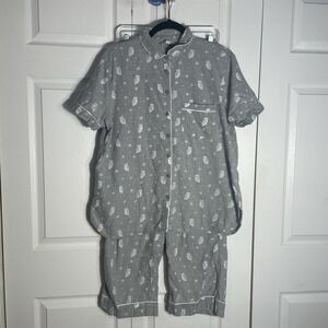LOFT Sleep Cotton Blend Pajama Set Women L Gray Owls Short Sleeve Top Long Pants